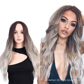 Wholesale Ombre Ash Black Brown Color Machine Made Wig For Black Women Daily Use Heat Resistant Synthetic Body Wave Haircut Wigs